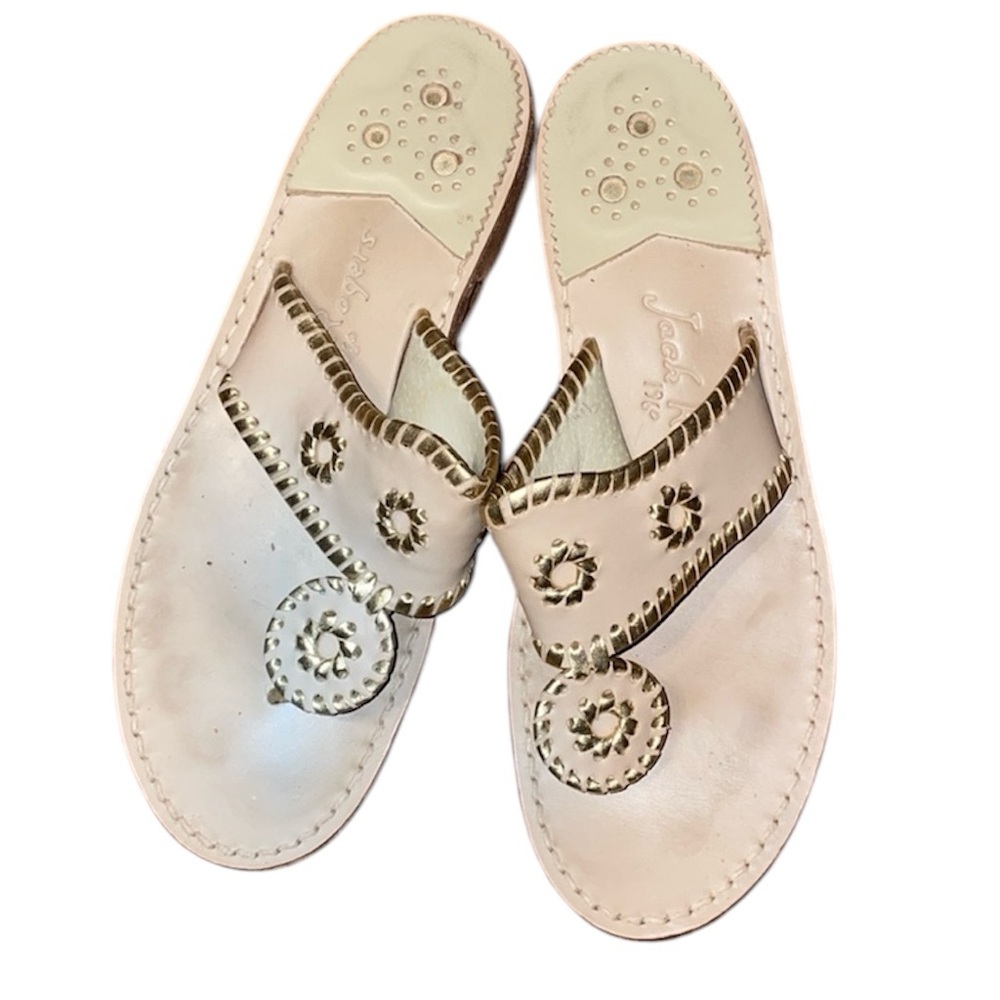 •JACK ROGERS•BEIGE & GOLD JACKS FLAT THE HAMPTONS SANDALS SIZE 9 EUC